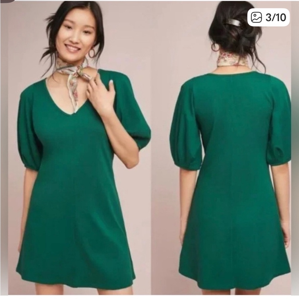 Anthropologie Velvet by Graham & Spencer Green Puff Sleeve V-neck Dress Cotton M